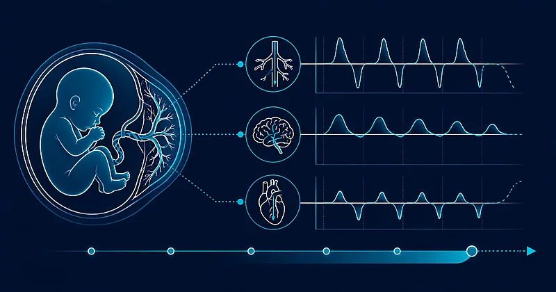 Illustration of fetal growth restriction Doppler surveillance showing umbilical, cerebral, and ductus venosus waveforms guiding delivery timing