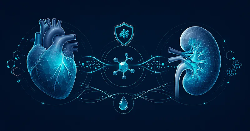 Finerenone cardiorenal mechanism illustration showing heart and kidney protection through mineralocorticoid receptor antagonism in CKD with T2DM