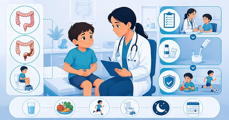 Stepwise approach to functional constipation in children showing evaluation, disimpaction, and maintenance therapy phases