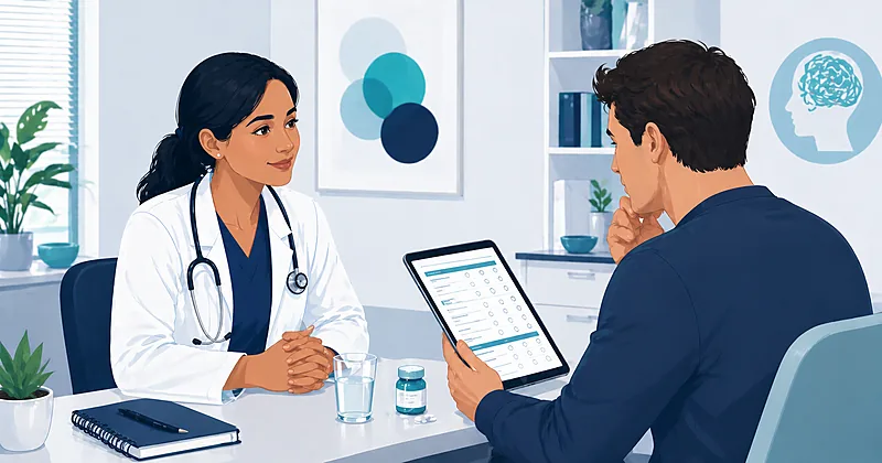 Clinical decision pathway for generalized anxiety disorder treatment in primary care showing GAD-7 screening and first-line medication selection