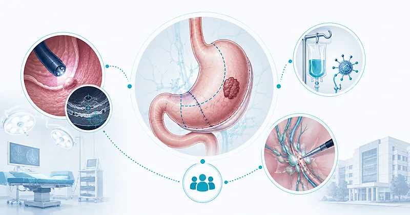 Gastric cancer surgical management decision pathway showing endoscopic staging, neoadjuvant chemotherapy selection, and D2 lymphadenectomy planning