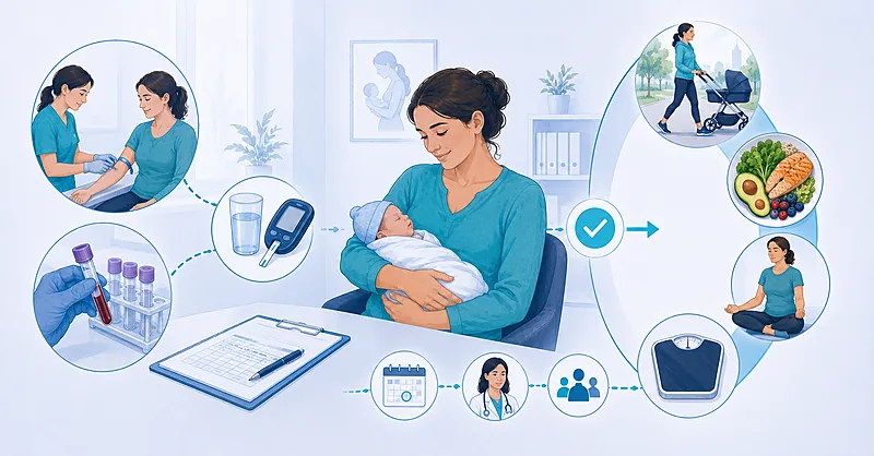 Gestational diabetes postpartum screening pathway for women showing OGTT timing, risk stratification, and type 2 diabetes prevention