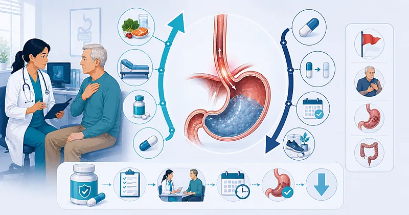 Stepwise approach to GERD primary care management in adults showing PPI therapy escalation, red flag triage, and deprescribing
