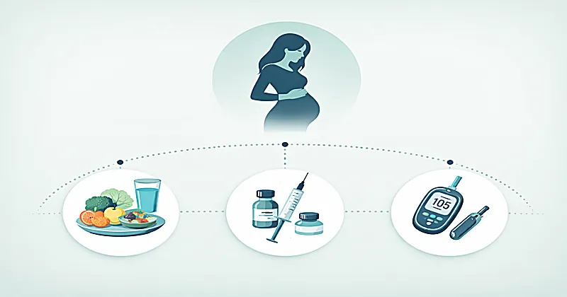 Gestational diabetes screening and management clinical pathway showing two-step glucose testing and treatment algorithm for clinicians