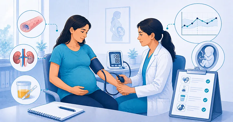 Clinical surveillance pathway for gestational hypertension management in pregnancy showing blood pressure thresholds and antihypertensive choice