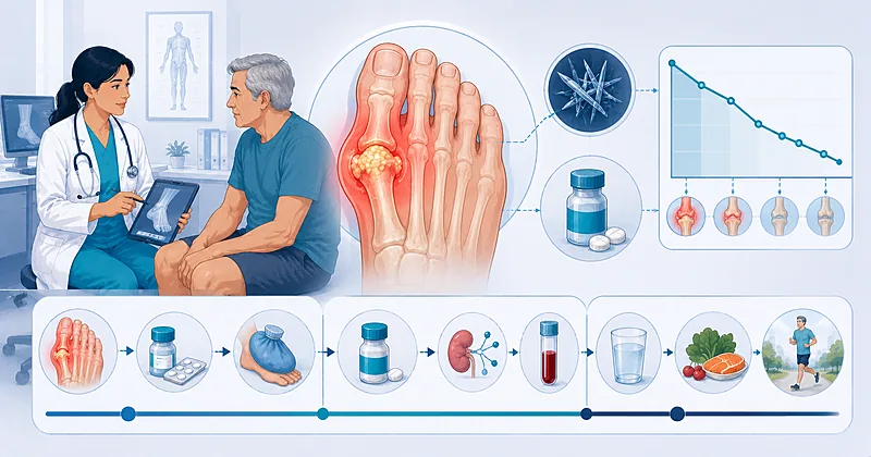 Clinical approach to gout flare treatment and urate-lowering therapy in primary care showing anti-inflammatory choice and serum urate target