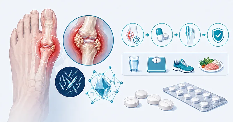 Clinical pathway for gout management in adults showing flare therapy, urate-lowering therapy indications, allopurinol titration, and the treat-to-target approach