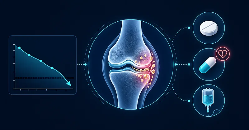 Gout treatment workflow showing serum urate lowering targets allopurinol titration steps and febuxostat versus pegloticase decision points for clinicians