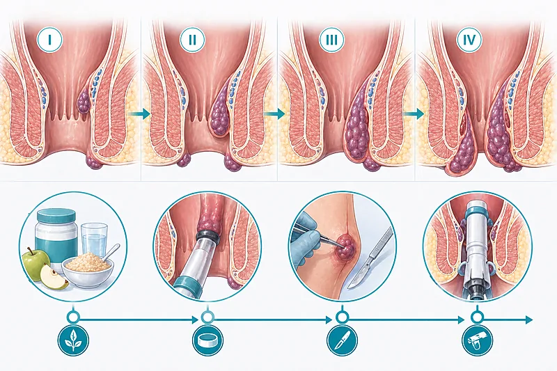 Clinical pathway for hemorrhoid treatment in adults showing grading, conservative care, rubber band ligation, thrombosed excision, and surgical options