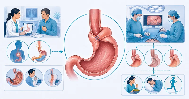 Decision pathway for anti-reflux surgery showing patient selection, preoperative testing, and fundoplication wrap choice in GERD