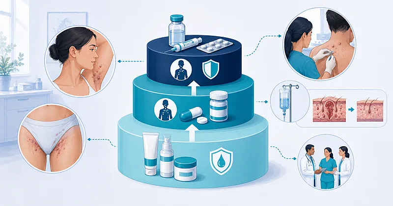 Stepwise approach to hidradenitis suppurativa treatment in adults showing Hurley staging and escalation from topical therapy to biologics and surgery