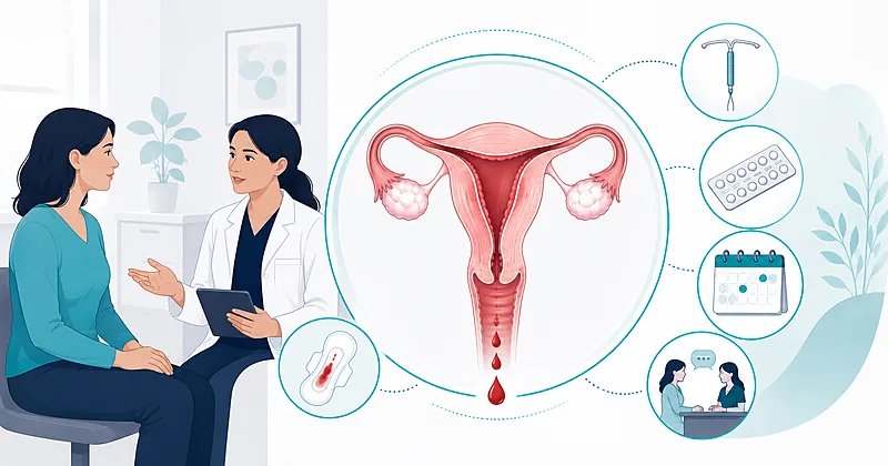 Outpatient heavy menstrual bleeding treatment pathway showing LNG-IUS, tranexamic acid, hormonal options, and endometrial ablation referral decisions