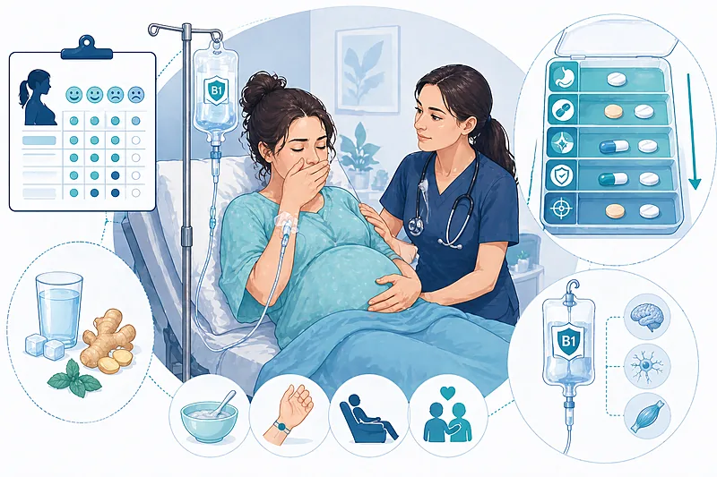 Clinical overview of hyperemesis gravidarum treatment showing PUQE-24 severity assessment, stepwise antiemetic ladder, and IV hydration pathway