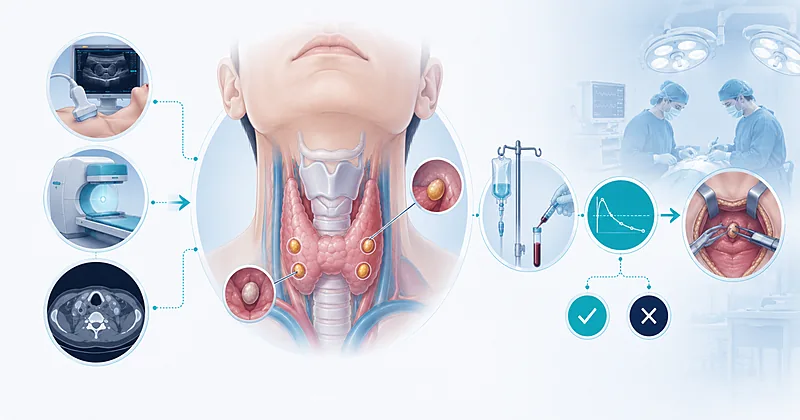 Surgical workflow for hyperparathyroidism surgery showing localization studies sestamibi ultrasound 4D-CT and intraoperative PTH monitoring decision pathway