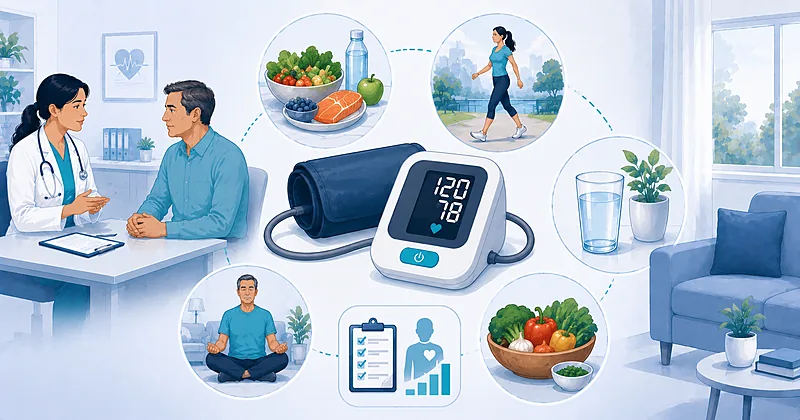 Hypertension lifestyle management overview showing diet, exercise, sodium reduction, and home blood pressure monitoring for adults