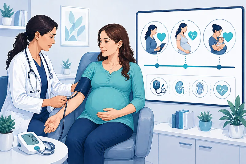 Clinical decision framework for hypertension in pregnancy showing classification, drug selection, monitoring, and delivery timing
