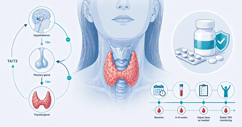 Clinical decision pathway for hypothyroidism treatment showing levothyroxine dosing, subclinical thresholds, pregnancy adjustments, and TSH monitoring