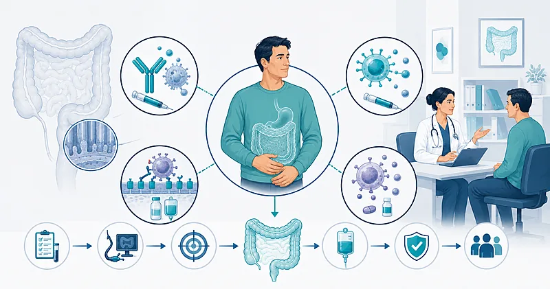 Positioning algorithm for IBD maintenance therapy showing anti-TNF, anti-integrin, anti-IL-23, and JAK inhibitor options in adults