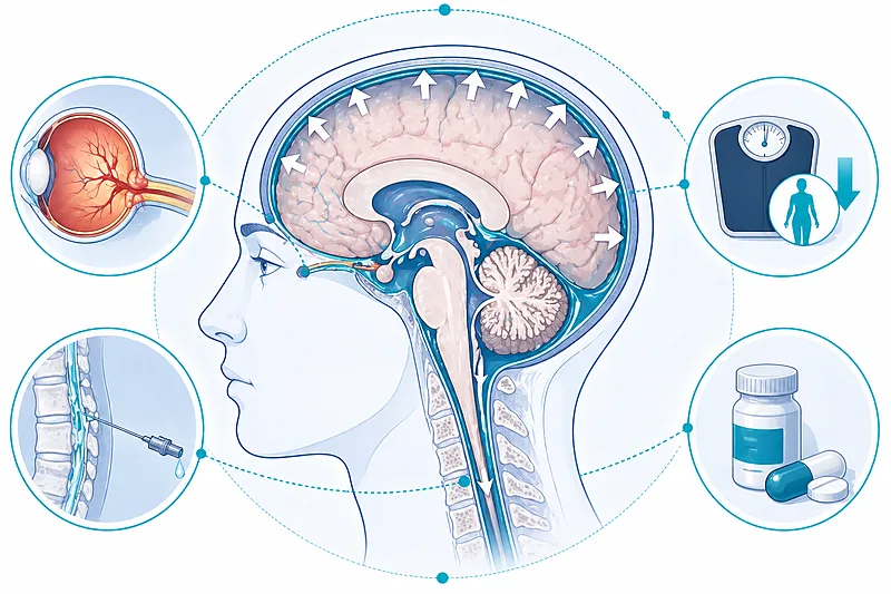 Clinical decision pathway for idiopathic intracranial hypertension showing diagnosis, vision assessment, weight-based treatment, and surgical options