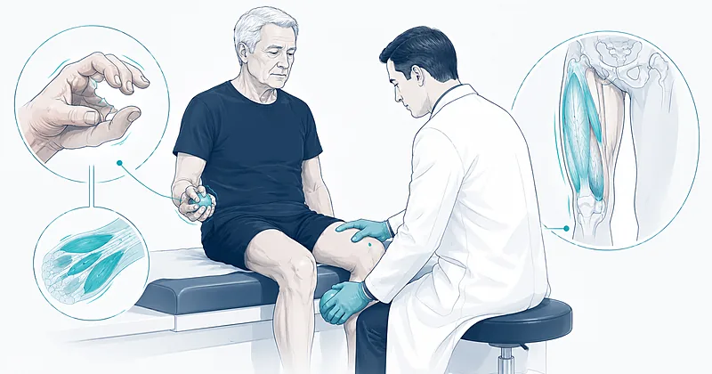 Clinical examination findings in inclusion body myositis showing characteristic finger flexor weakness and quadriceps atrophy in an older adult patient