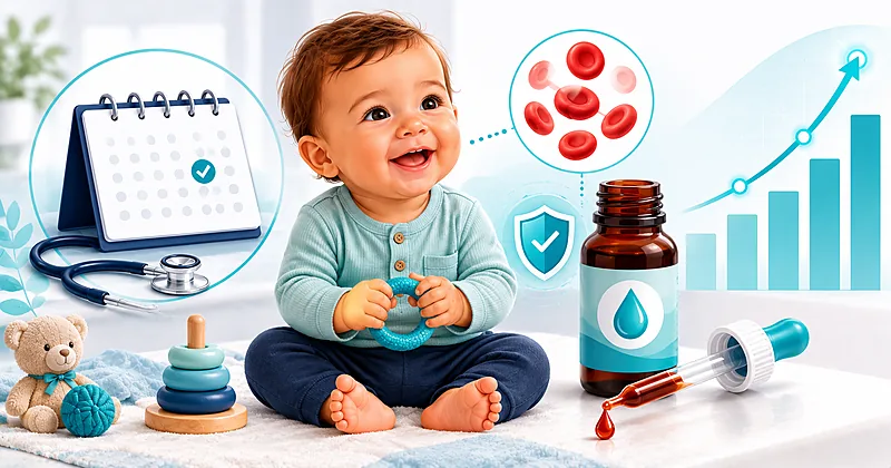 Clinical pathway for infant iron deficiency anemia showing universal screening, oral iron dosing, and reticulocyte response monitoring.