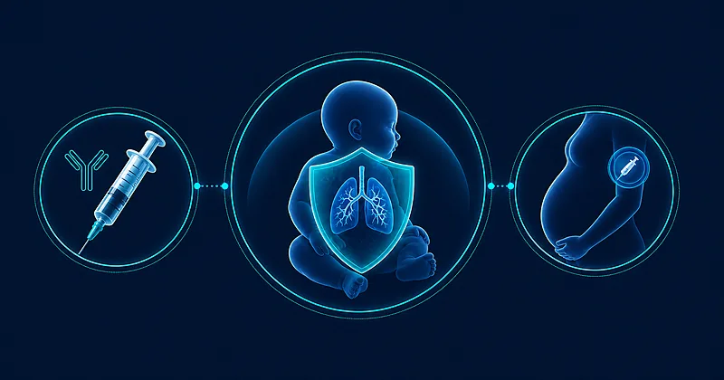 Infant RSV prevention illustration comparing nirsevimab monoclonal antibody injection and maternal RSVpreF vaccination pathways