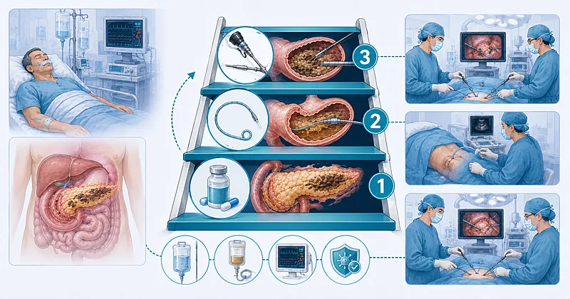 Step-up intervention pathway for infected pancreatic necrosis treatment showing antibiotics, drainage, and minimally invasive necrosectomy escalation