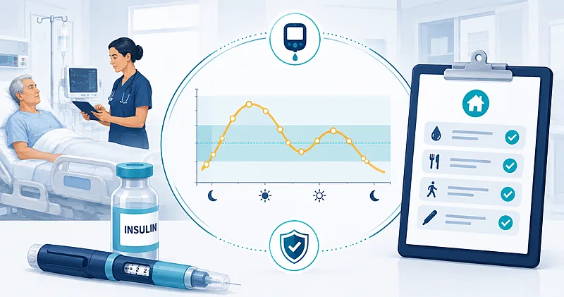 Clinical framework for inpatient hyperglycemia management showing glucose targets, basal-bolus insulin dosing, and discharge transition steps