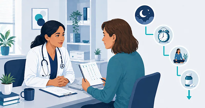 Clinical decision pathway for insomnia treatment in adults showing CBT-I as first-line and stepwise medication options for primary care