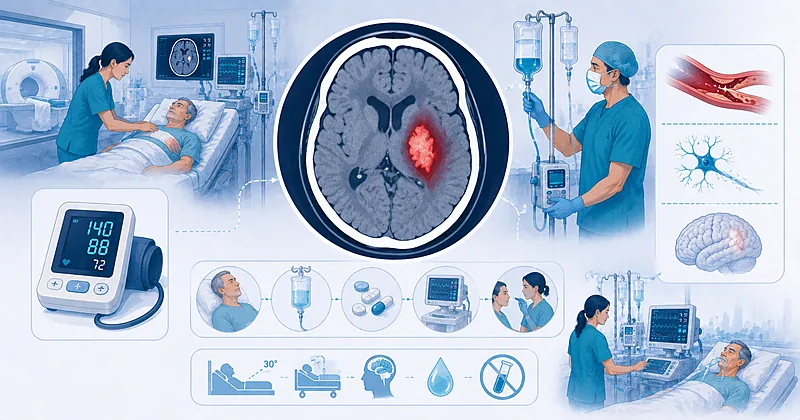 Acute intracerebral hemorrhage management pathway showing blood pressure control, anticoagulation reversal, and bundled care in adults