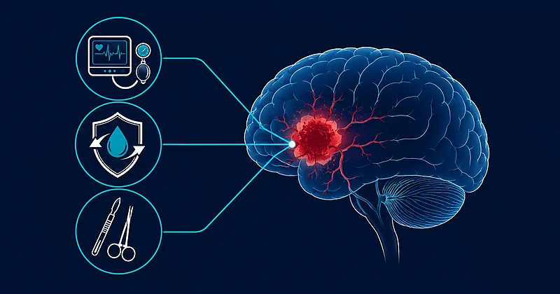 Intracerebral hemorrhage management illustration showing bundle care, anticoagulation reversal, and surgical evacuation