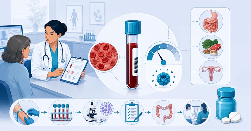 Iron deficiency anemia workup pathway for primary care showing ferritin testing, GI evaluation, and oral iron treatment