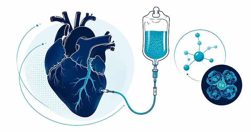 Intravenous iron infusion and heart illustration representing iron deficiency in heart failure treatment