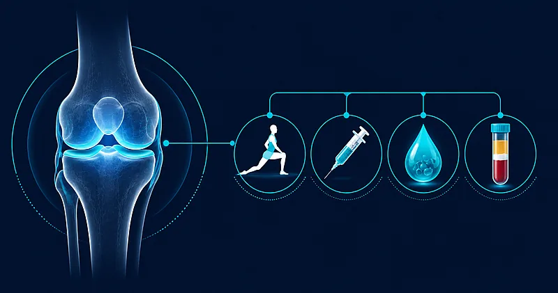 Knee osteoarthritis treatment options compared: exercise therapy, corticosteroid and hyaluronic acid injections, and platelet-rich plasma