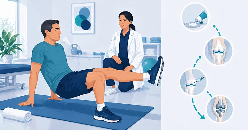 Stepwise pathway for knee osteoarthritis treatment in primary care showing non-pharmacologic core, topical NSAIDs, targeted pharmacotherapy, and surgical referral