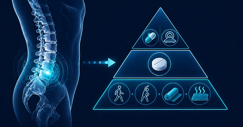 Low back pain treatment stepped-care pyramid illustration showing non-pharmacologic first-line approach with pharmacologic and imaging options above