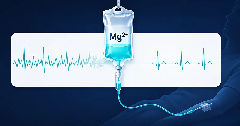 Magnesium for AF illustration showing intravenous magnesium infusion with ECG transition from atrial fibrillation to sinus rhythm