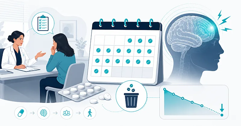 Clinical decision pathway for medication overuse headache treatment showing withdrawal strategies and preventive therapy reinitiation