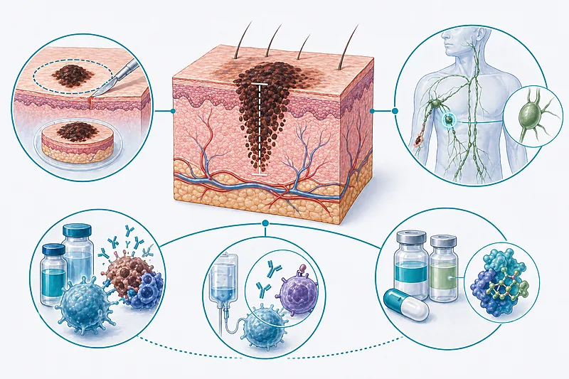 Overview of melanoma treatment showing AJCC 8th staging, wide local excision margins, sentinel node biopsy, and adjuvant systemic therapy options