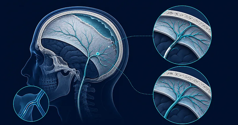 Middle meningeal artery embolization catheter occluding dural vessels above a chronic subdural hematoma, lateral skull view