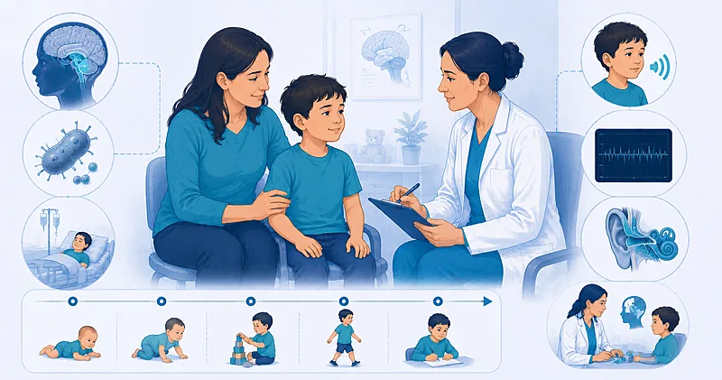 Pediatric bacterial meningitis follow-up pathway showing hearing surveillance and neurodevelopmental monitoring milestones in children