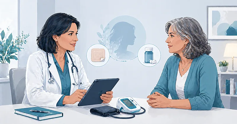 Clinical decision pathway for menopause management showing hormone therapy selection and non-hormonal options for vasomotor symptoms in primary care