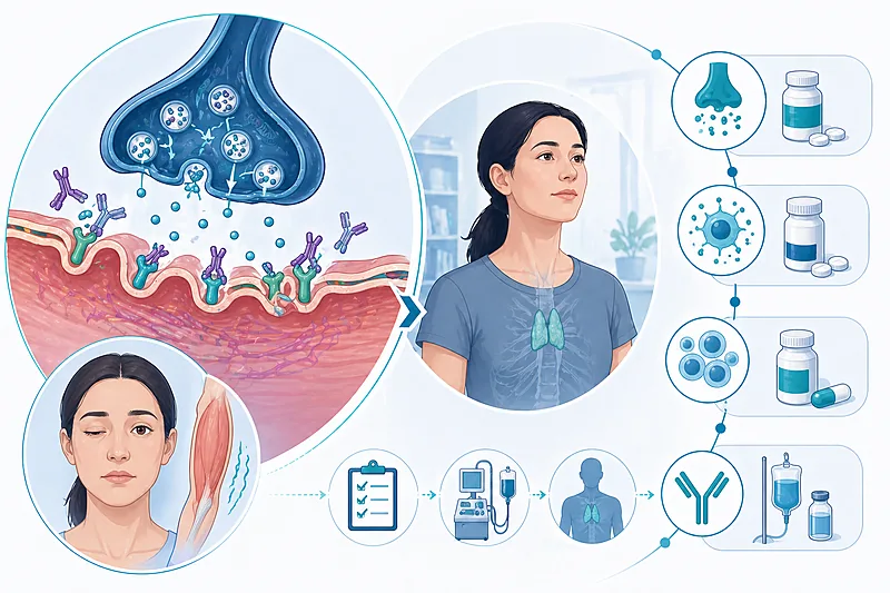 Clinical workflow for myasthenia gravis treatment in adults showing diagnosis, symptomatic therapy, immunosuppression, and advanced biologics