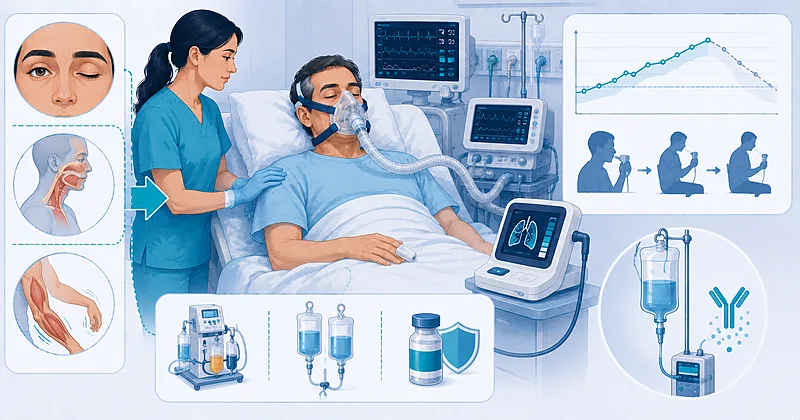 Myasthenic crisis management pathway showing respiratory monitoring, airway decisions, and rescue immunotherapy in a critical care setting