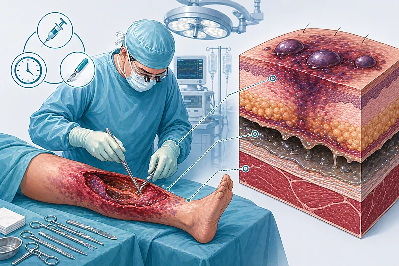 Clinical approach to necrotizing fasciitis showing bedside red flags, LRINEC scoring limitations, empiric antibiotics, and surgical debridement pathway
