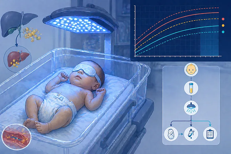 Clinical decision pathway for neonatal hyperbilirubinemia showing risk assessment, phototherapy thresholds, and escalation criteria in term and late-preterm infants