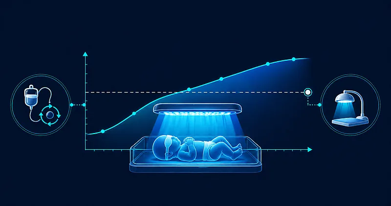 Neonatal phototherapy illustration showing infant under blue light therapy with bilirubin threshold curve overlay