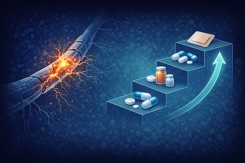 Neuropathic pain management stepwise approach showing first-line drugs comorbidity-based selection and combination therapy options