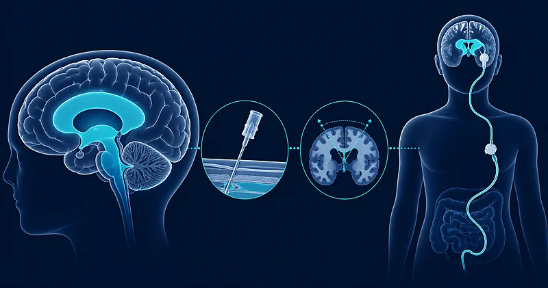 Normal pressure hydrocephalus diagnostic and treatment illustration showing ventriculomegaly, tap test, and ventriculoperitoneal shunt