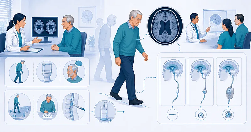 Clinical approach to normal pressure hydrocephalus diagnosis showing the gait, cognitive, and urinary triad with CSF assessment